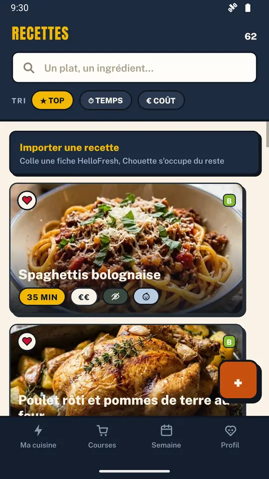 Écran Recettes : catalogue avec temps et coût