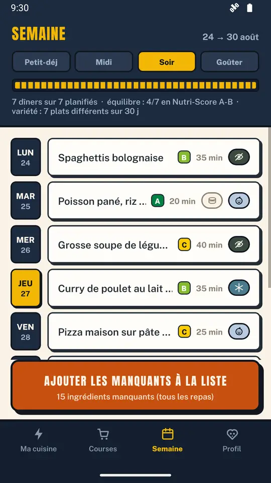 Écran Semaine : repas posés midi et soir